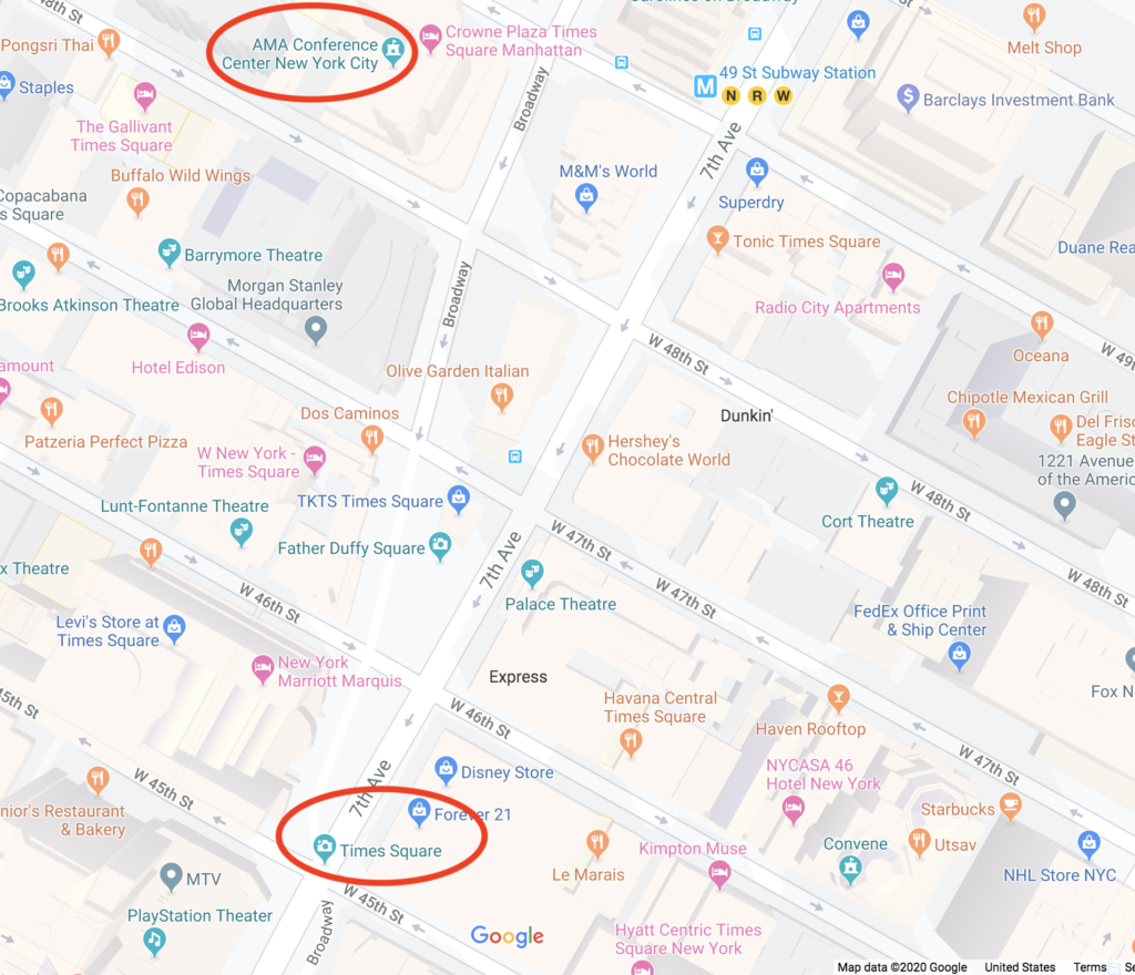 Map showing the location of the AMA Conference Center and Times Square