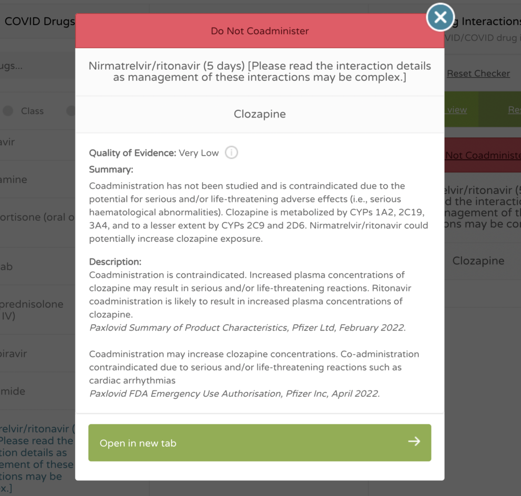 COVID-19 Drug interaction checker-Pop up explanation