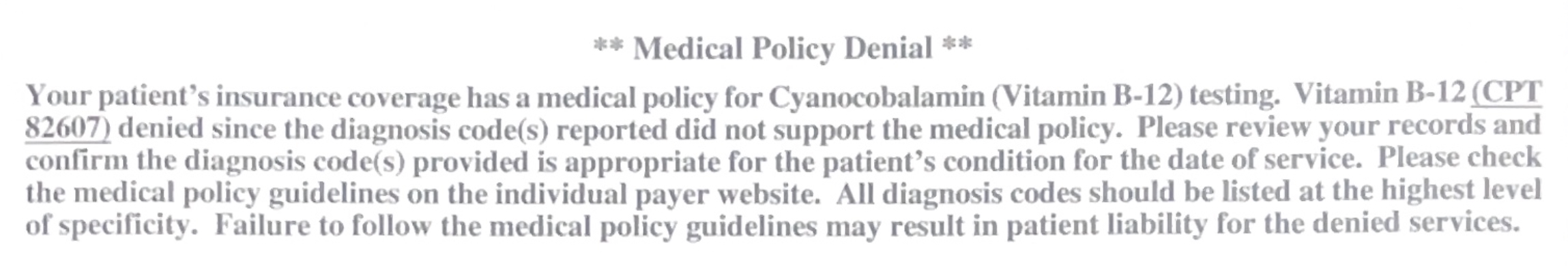 Diagnosis codes for vitamin B12 level