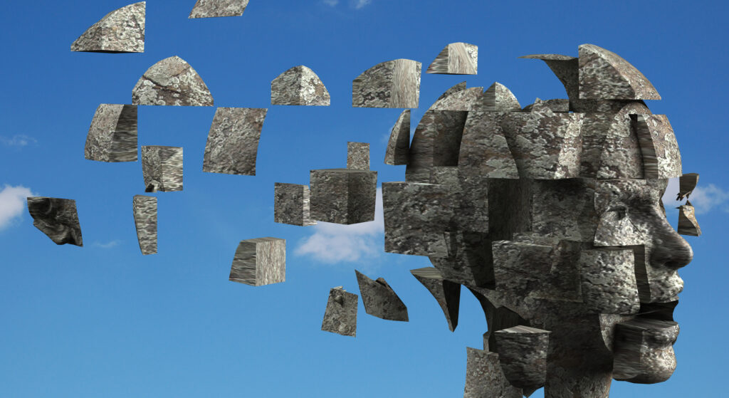 building blocks coming together to form a human head