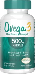 OVEGA-3 Plant-Based Omega-3 from Algal Oil Daily Supplement, 500mg, Supports Brain, Eye & Heart Health, Two mini softgels per Day, 60 Count vegetarian vegan