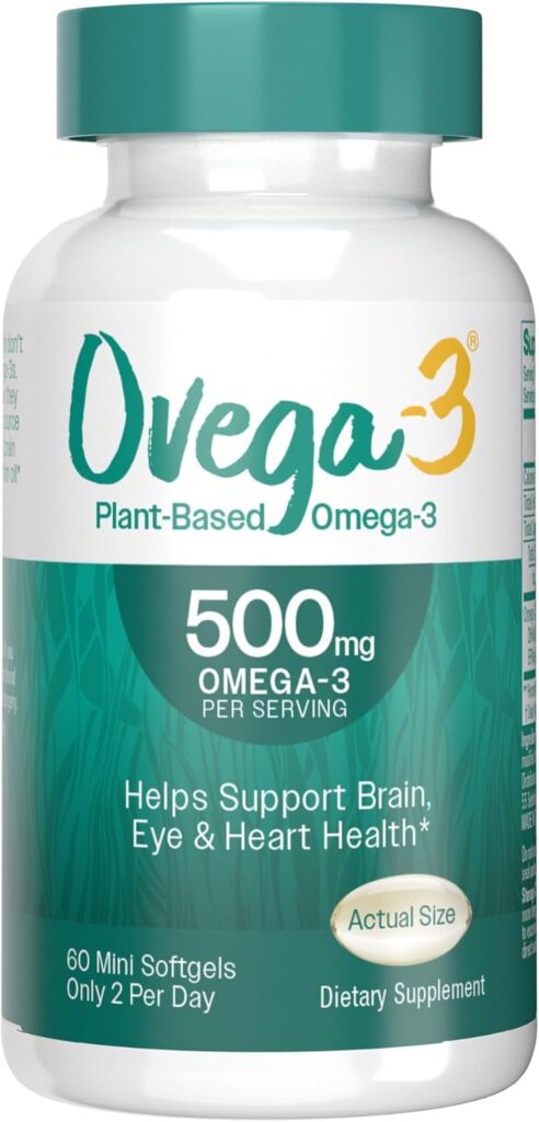 OVEGA-3 Plant-Based Omega-3 from Algal Oil Daily Supplement, 500mg, Supports Brain, Eye & Heart Health, Two mini softgels per Day, 60 Count vegetarian vegan